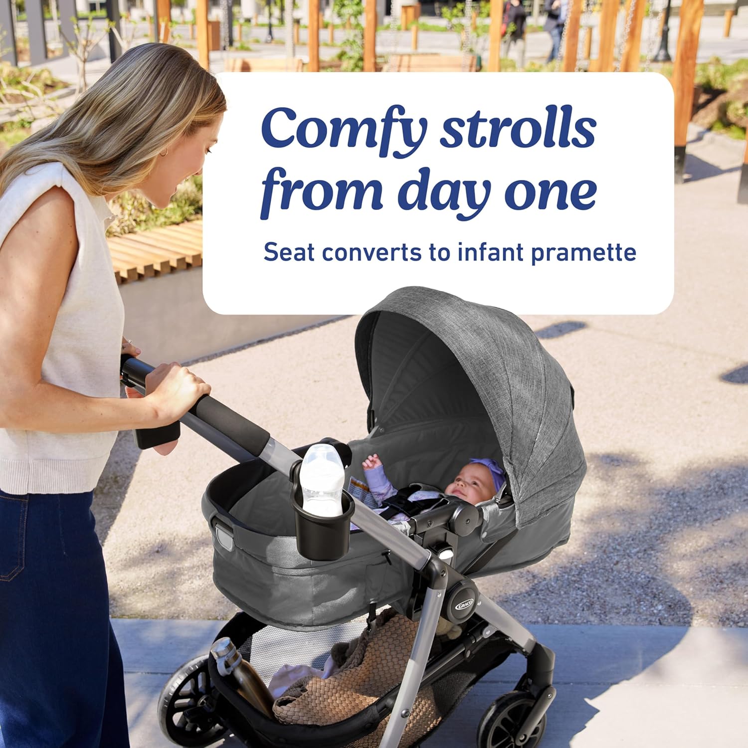 Graco Modes Pramette Travel System in Ellington gray, showing pram configuration with ergonomic parent handles — view 3