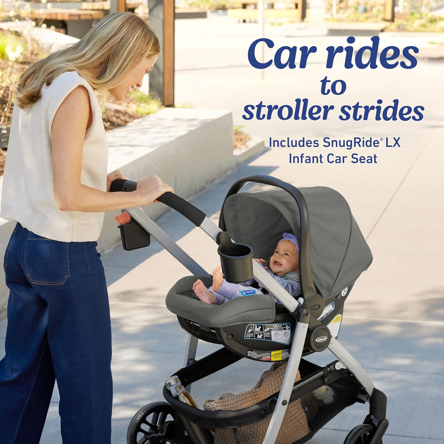 Graco Modes Pramette Travel System in Ellington gray, showing pram configuration with ergonomic parent handles — view 3