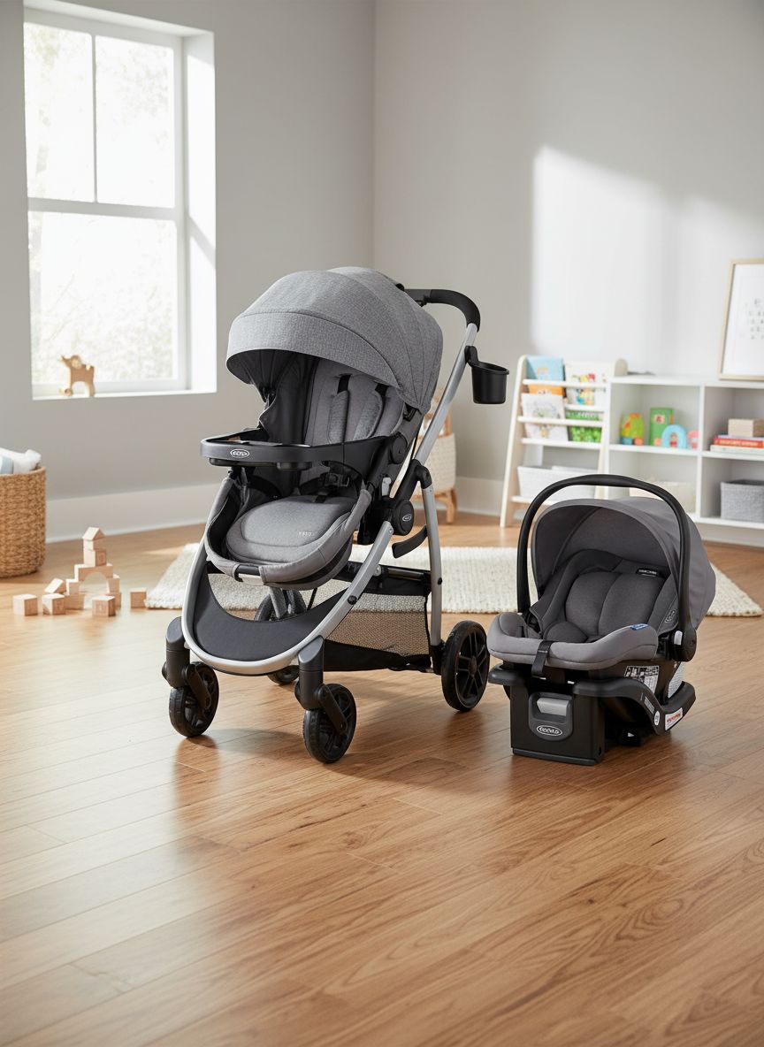 Graco Modes Pramette Travel System in Ellington gray, showing pram configuration with ergonomic parent handles — view 1
