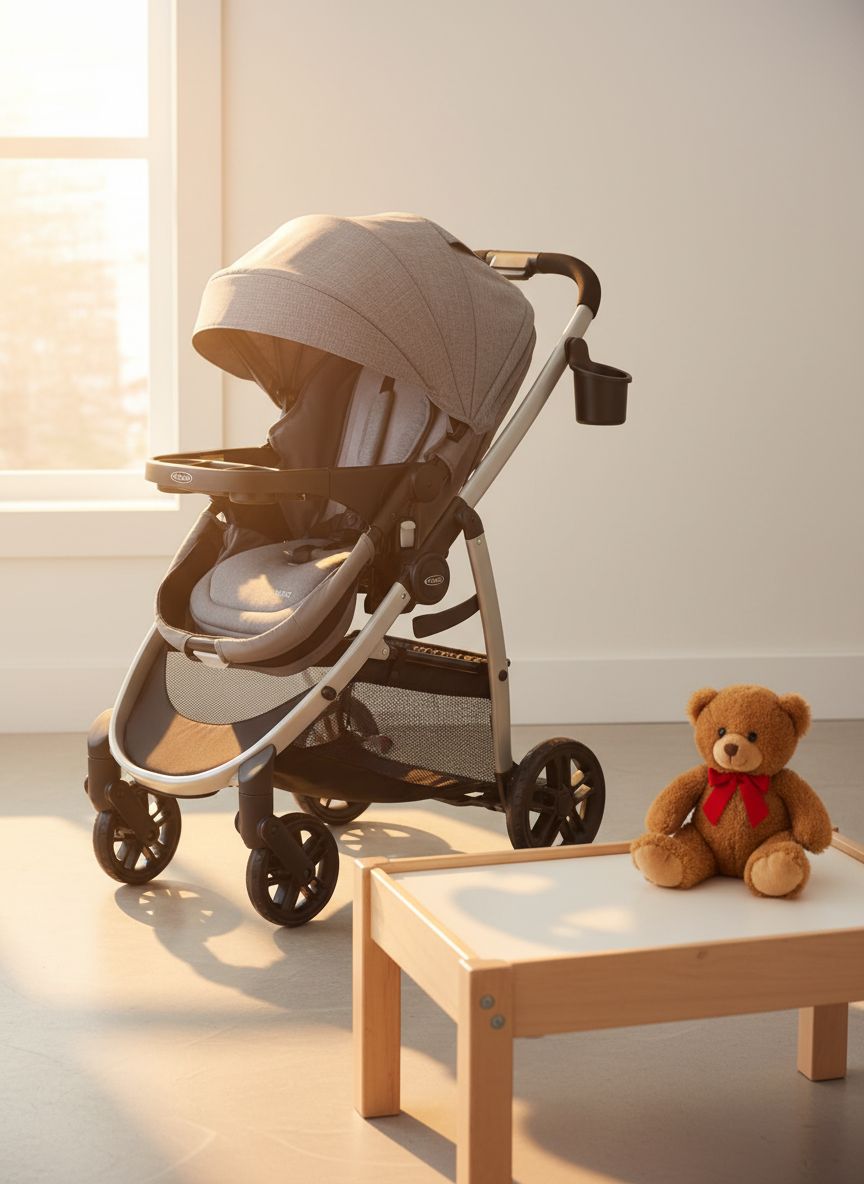 Graco Modes Pramette Travel System in Ellington gray, showing pram configuration with ergonomic parent handles — view 2