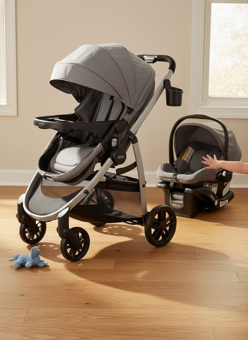 Graco Modes Pramette Travel System in Ellington gray, showing pram configuration with ergonomic parent handles — view 3
