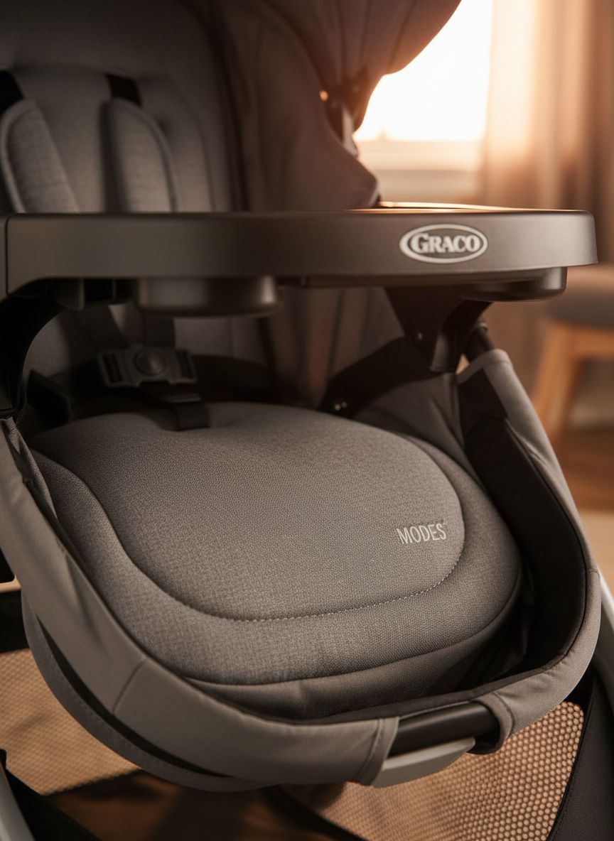 Graco Modes Pramette Travel System in Ellington gray, showing pram configuration with ergonomic parent handles — view 4