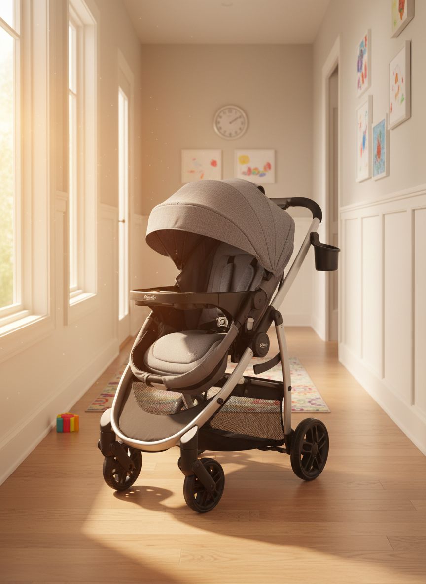 Graco Modes Pramette Travel System in Ellington gray, showing pram configuration with ergonomic parent handles — view 3a