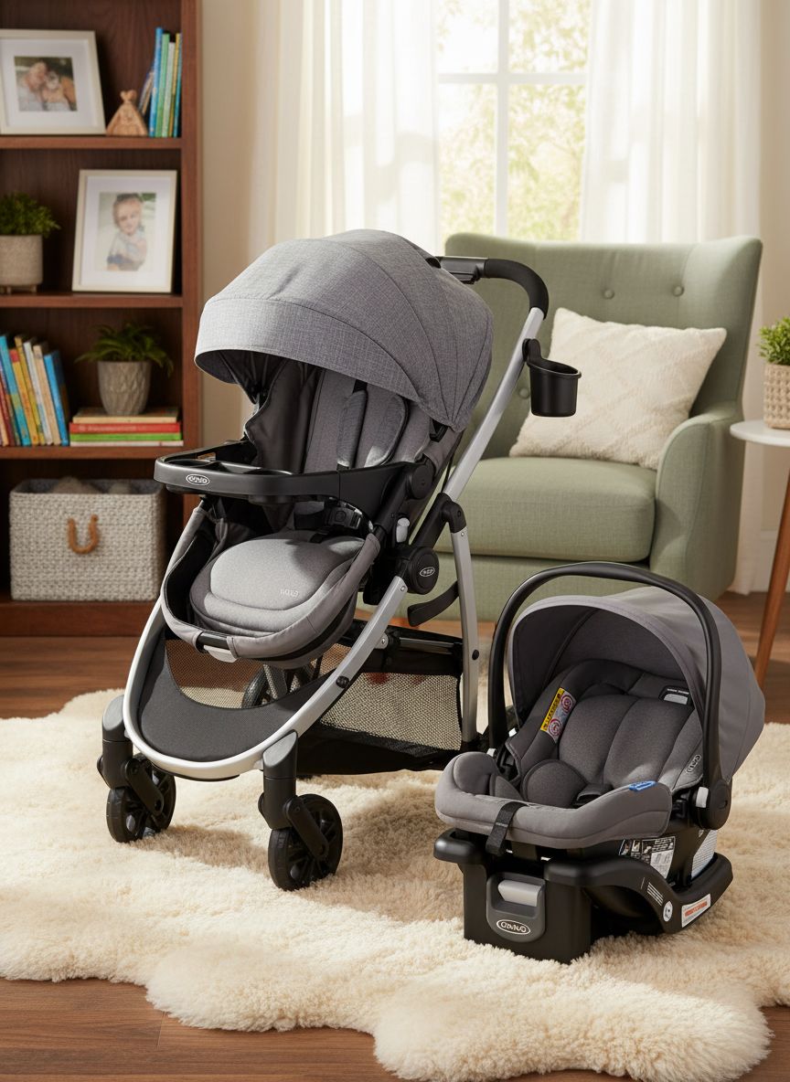 Graco Modes Pramette Travel System in Ellington gray, showing pram configuration with ergonomic parent handles — view 4