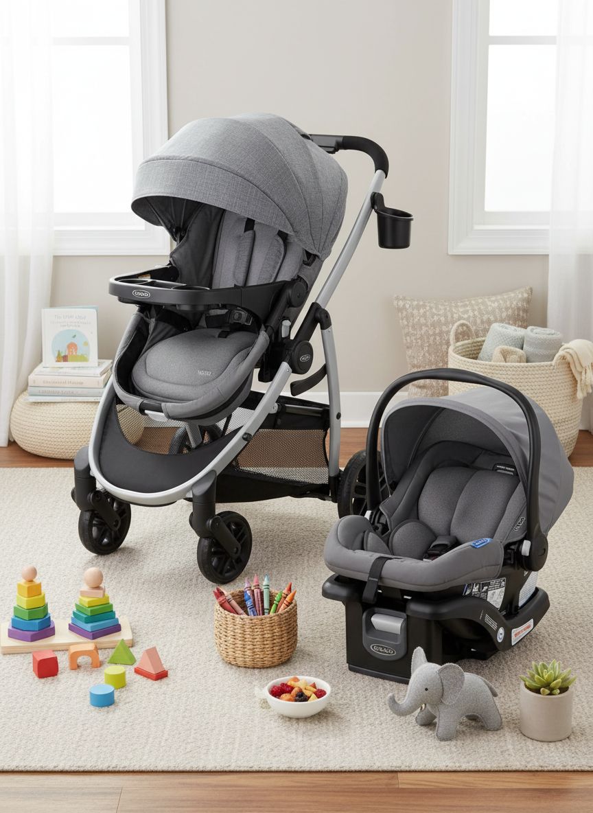 Graco Modes Pramette Travel System in Ellington gray, showing pram configuration with ergonomic parent handles — view 5a