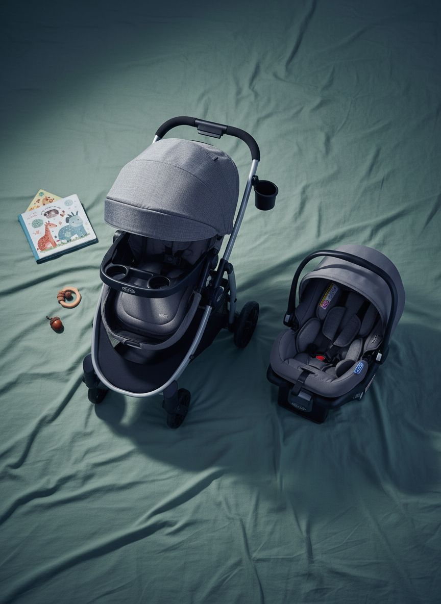 Graco Modes Pramette Travel System in Ellington gray, showing pram configuration with ergonomic parent handles — view 7a