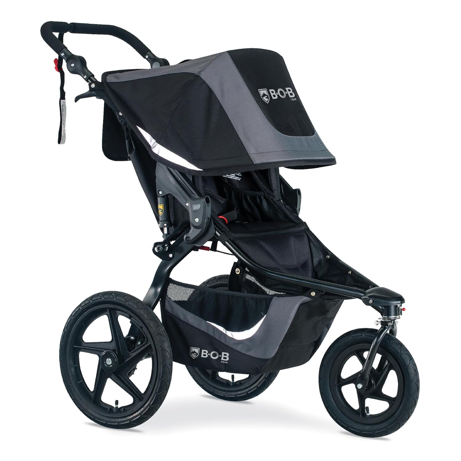 Modern graphite black jogging stroller with large all-terrain wheels and ergonomic parent handlebar for newborn and infant use โ view 1