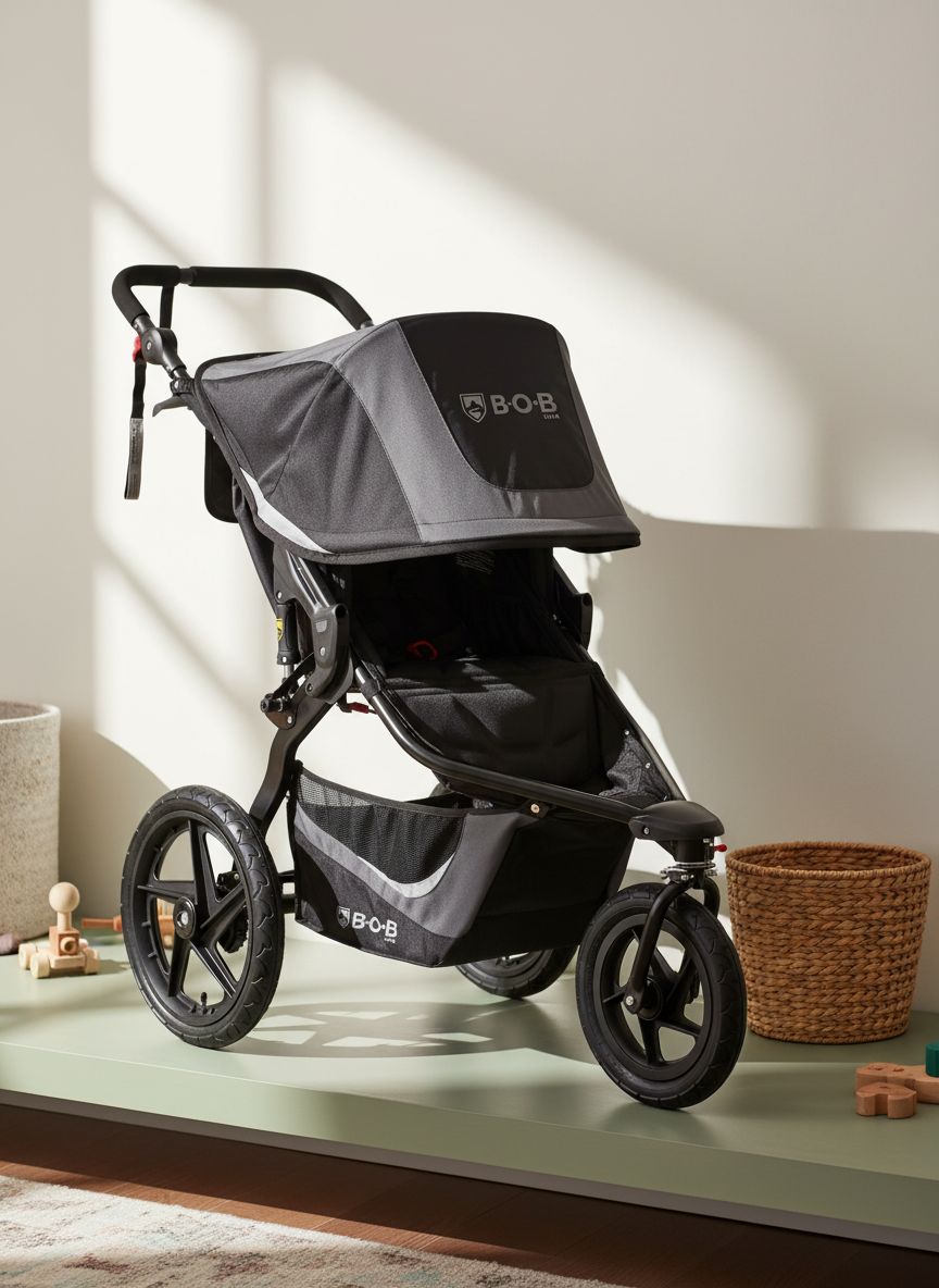 Modern graphite black jogging stroller with large all-terrain wheels and ergonomic parent handlebar for newborn and infant use โ view 1