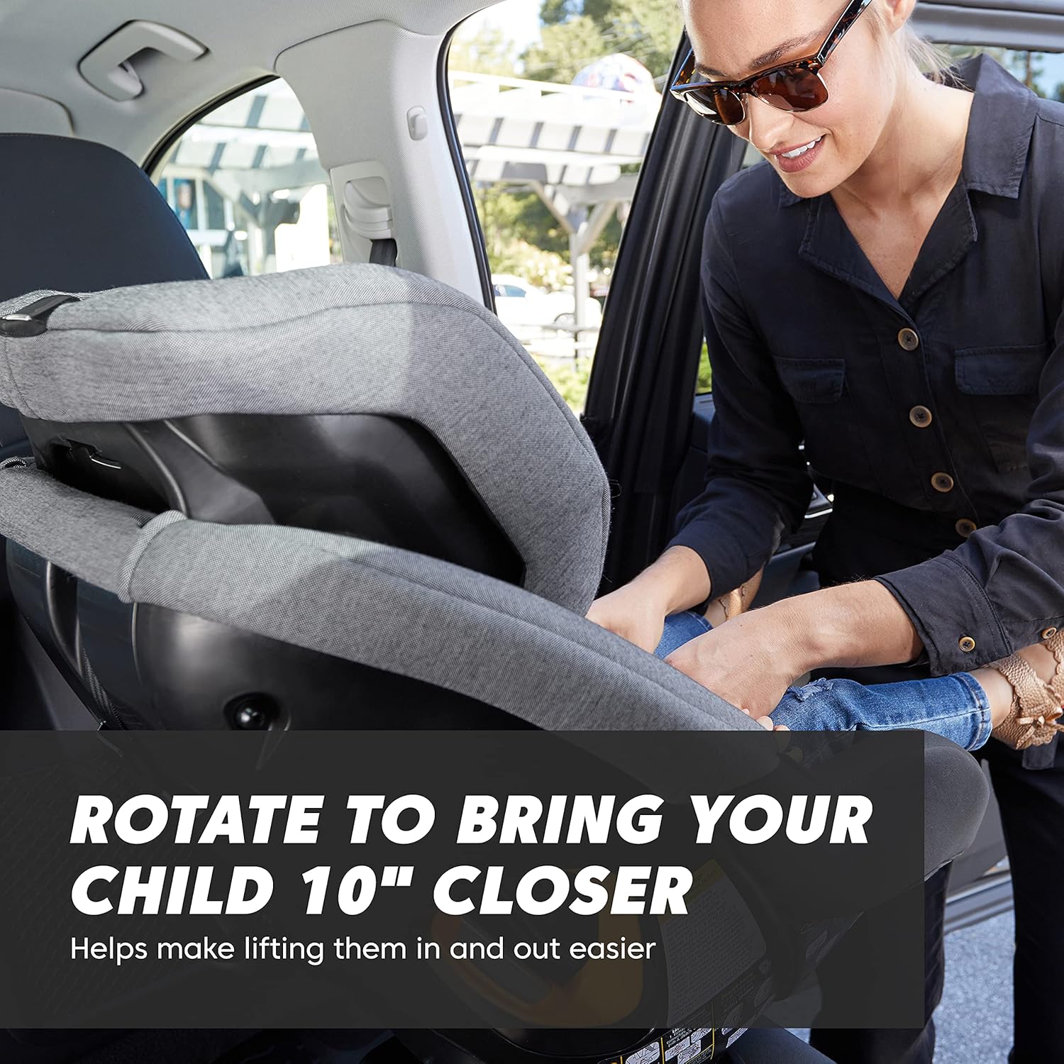Rotating car seat with 180-degree swivel mechanism in pike fashion design, showing COOLMAX fabric and rear-facing position — back