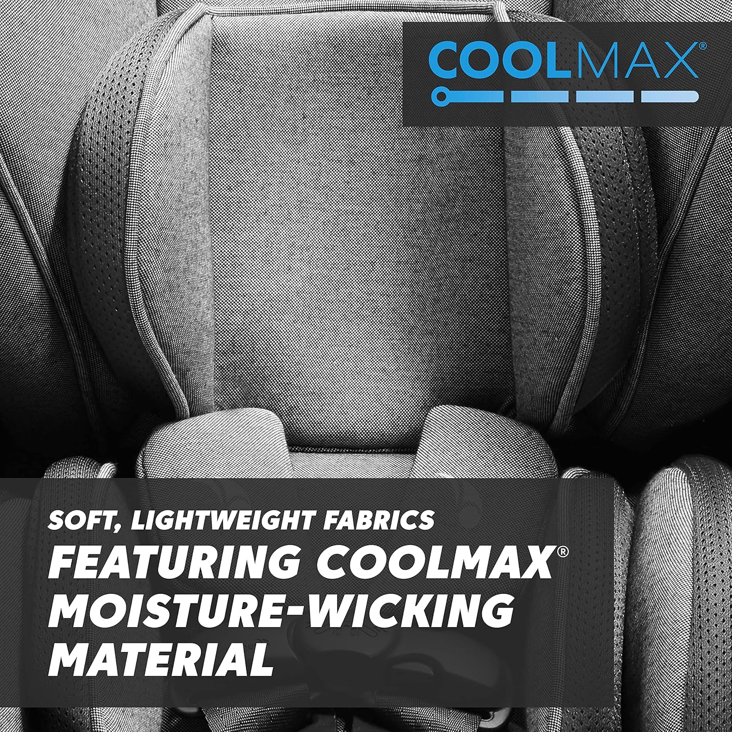 Rotating car seat with 180-degree swivel mechanism in pike fashion design, showing COOLMAX fabric and rear-facing position — detail