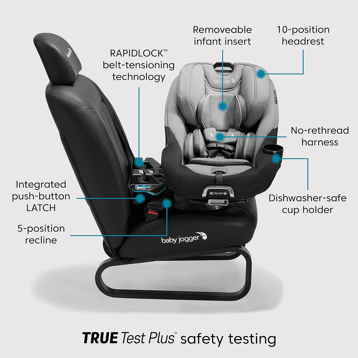 Rotating car seat with 180-degree swivel mechanism in pike fashion design, showing COOLMAX fabric and rear-facing position — view 3