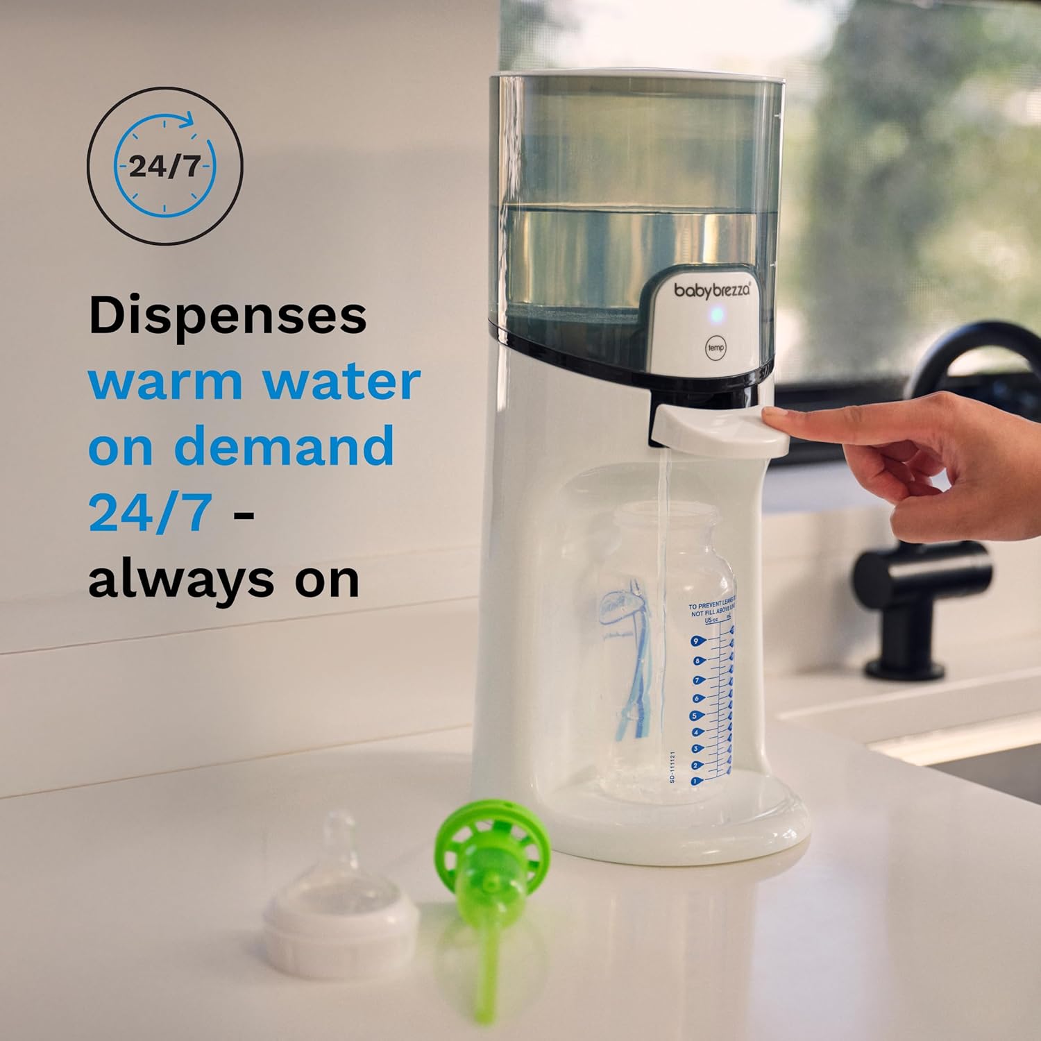 Modern electric instant baby bottle maker with stainless steel finish, 50oz water tank, and digital temperature display showing three heat settings for formula preparation — view 2