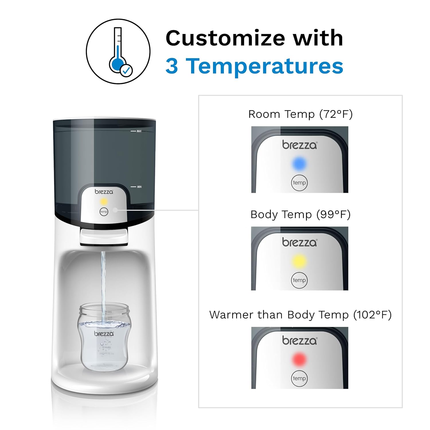 Modern electric instant baby bottle maker with stainless steel finish, 50oz water tank, and digital temperature display showing three heat settings for formula preparation — view 3