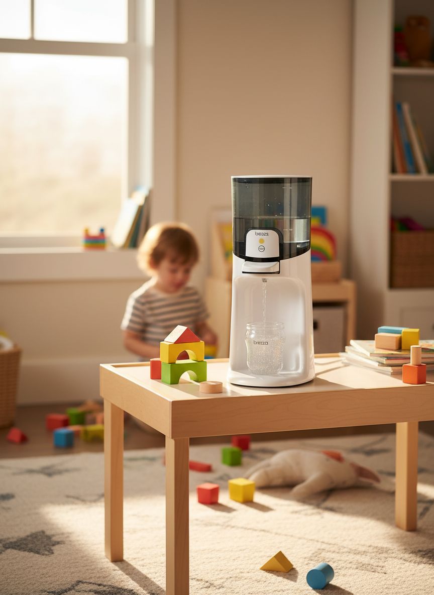 Modern electric instant baby bottle maker with stainless steel finish, 50oz water tank, and digital temperature display showing three heat settings for formula preparation — view 2