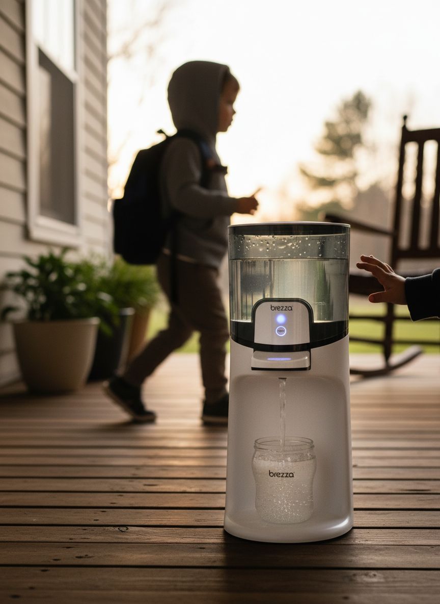 Modern electric instant baby bottle maker with stainless steel finish, 50oz water tank, and digital temperature display showing three heat settings for formula preparation — view 3a