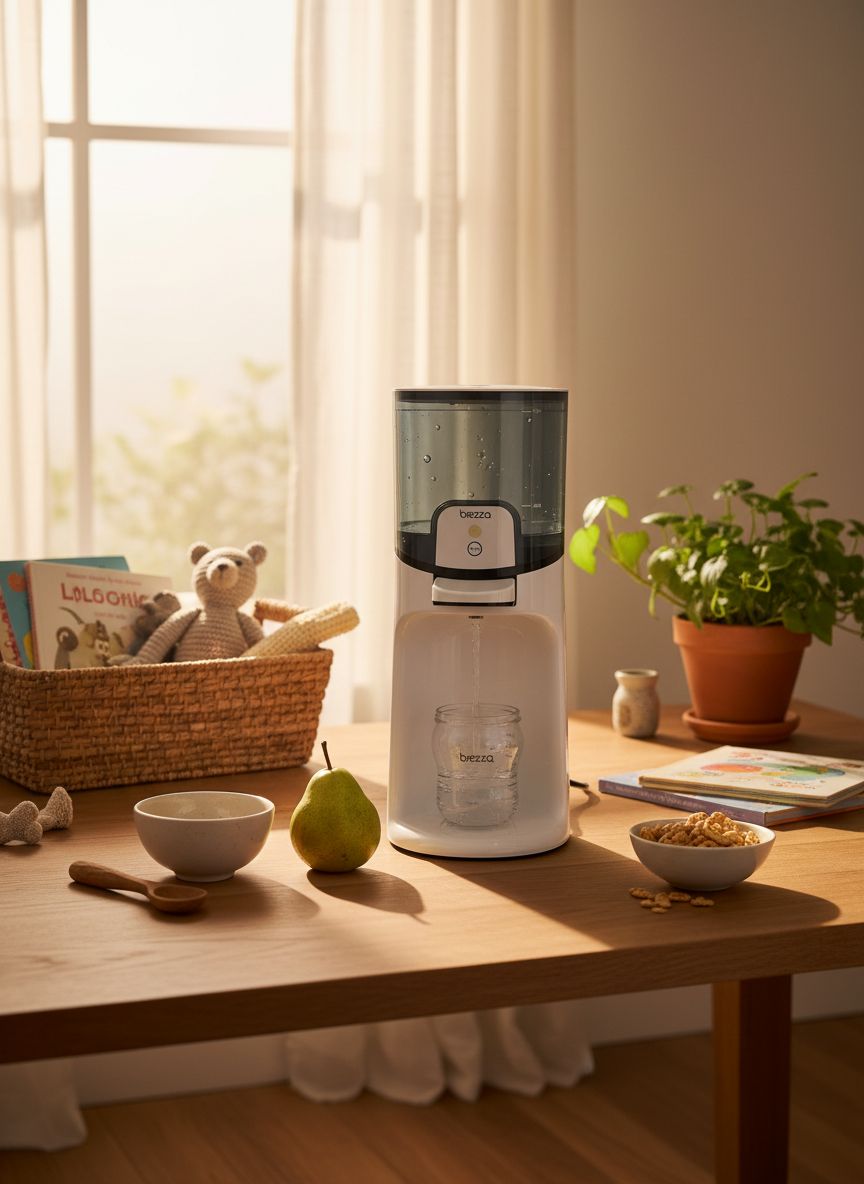 Modern electric instant baby bottle maker with stainless steel finish, 50oz water tank, and digital temperature display showing three heat settings for formula preparation — view 5a