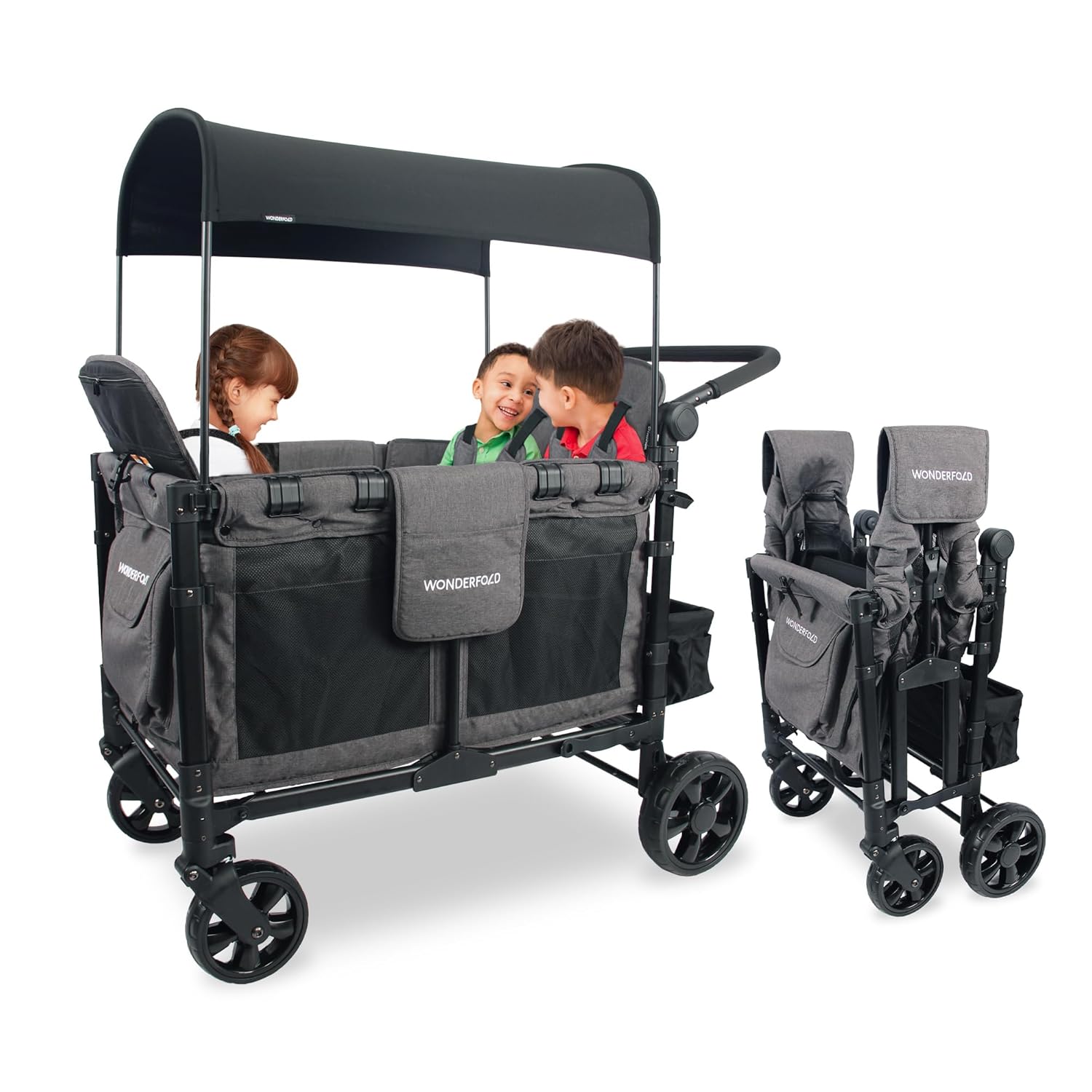 Gray 4-seat foldable stroller wagon with steel frame and all-terrain wheels โ view 1