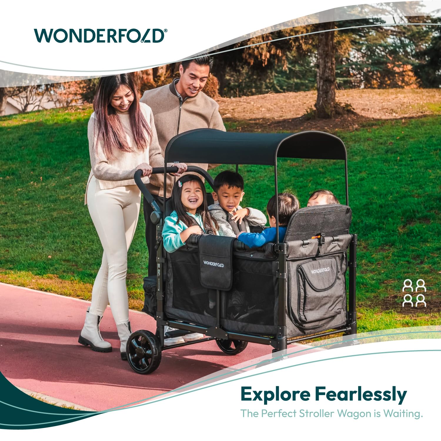 Gray 4-seat foldable stroller wagon with steel frame and all-terrain wheels โ view 2