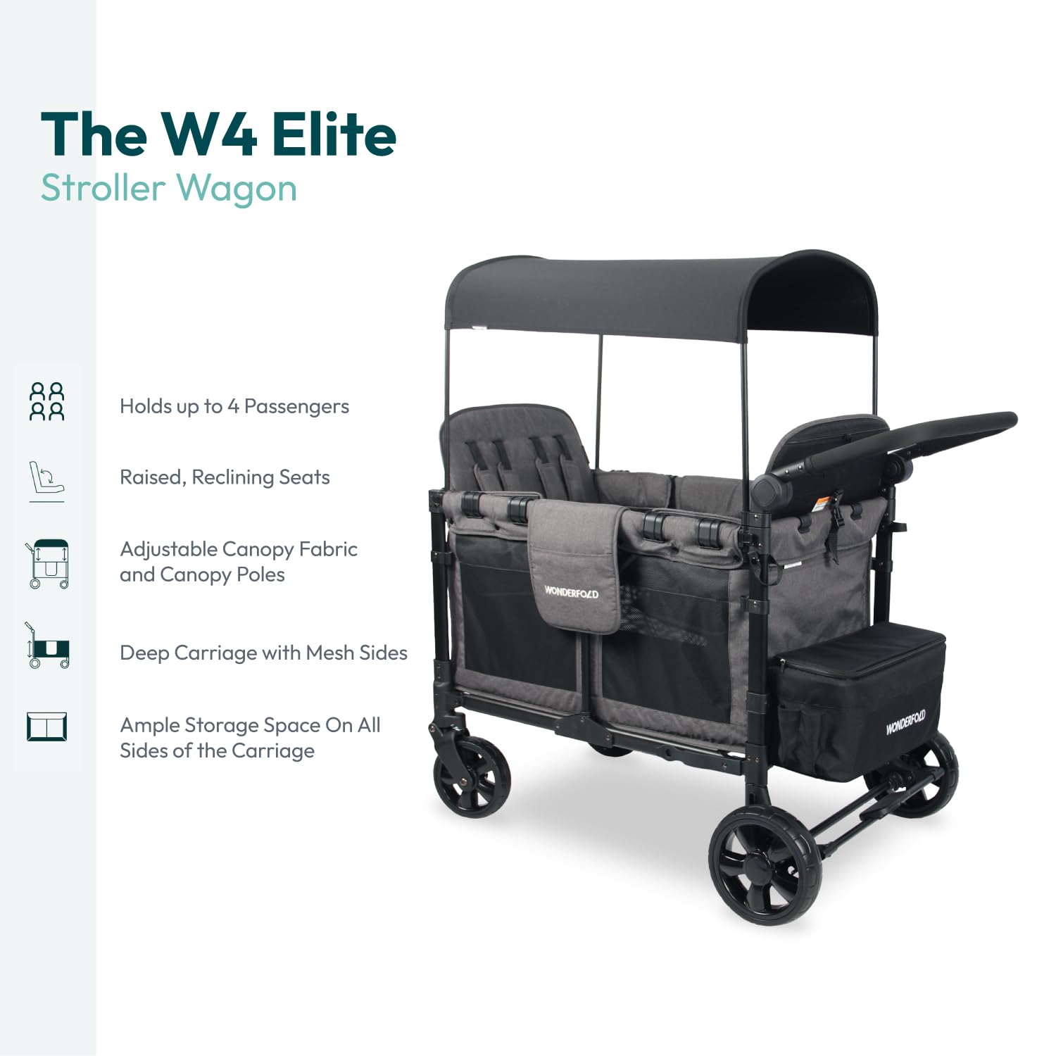 Gray 4-seat foldable stroller wagon with steel frame and all-terrain wheels โ view 3