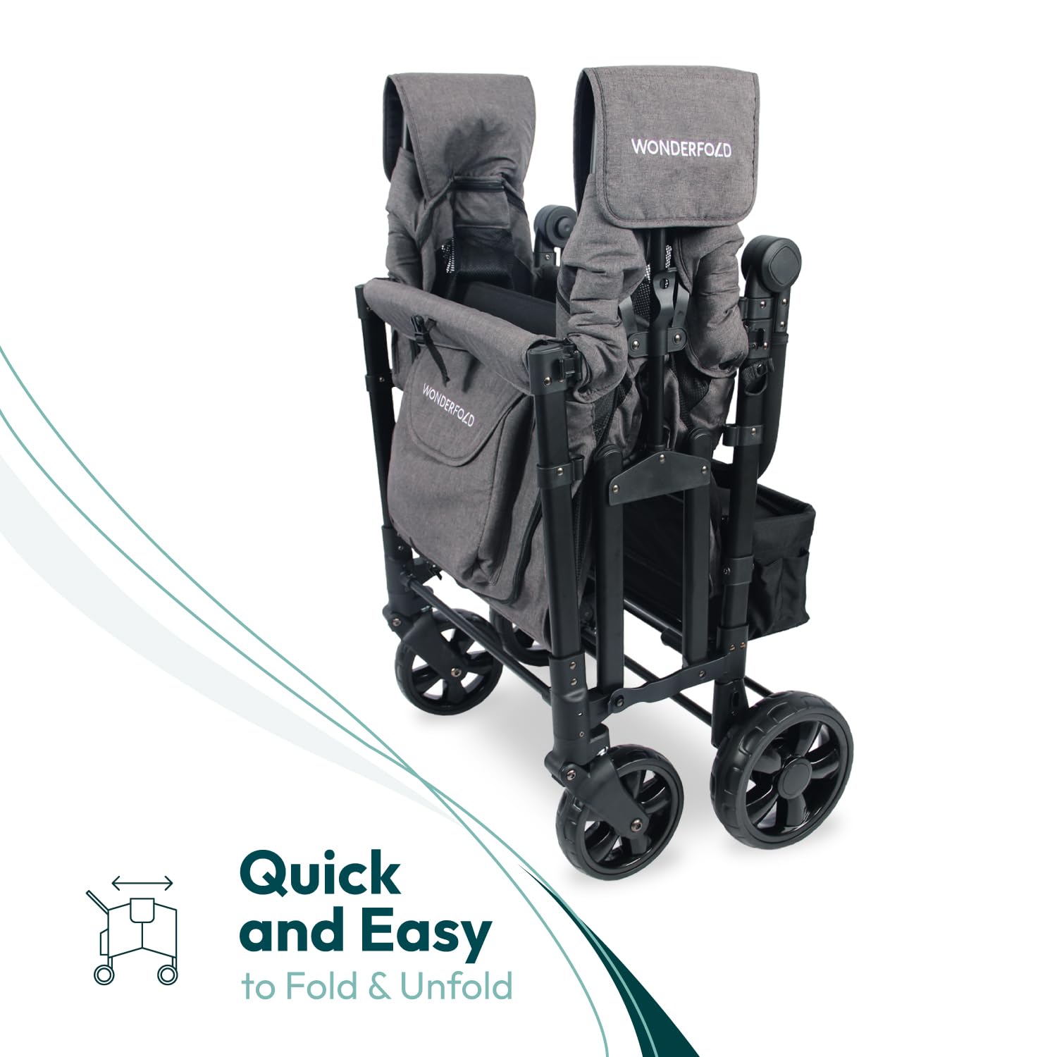 Gray 4-seat foldable stroller wagon with steel frame and all-terrain wheels โ view 2