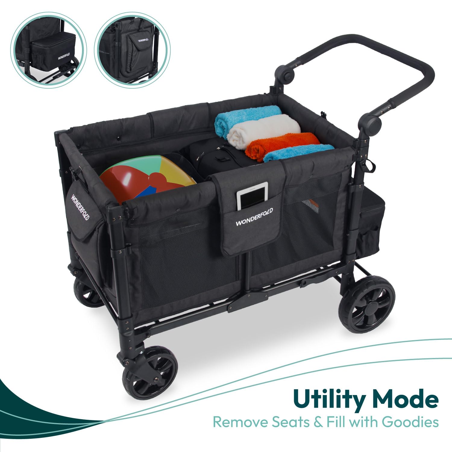 Gray 4-seat foldable stroller wagon with steel frame and all-terrain wheels โ view 3