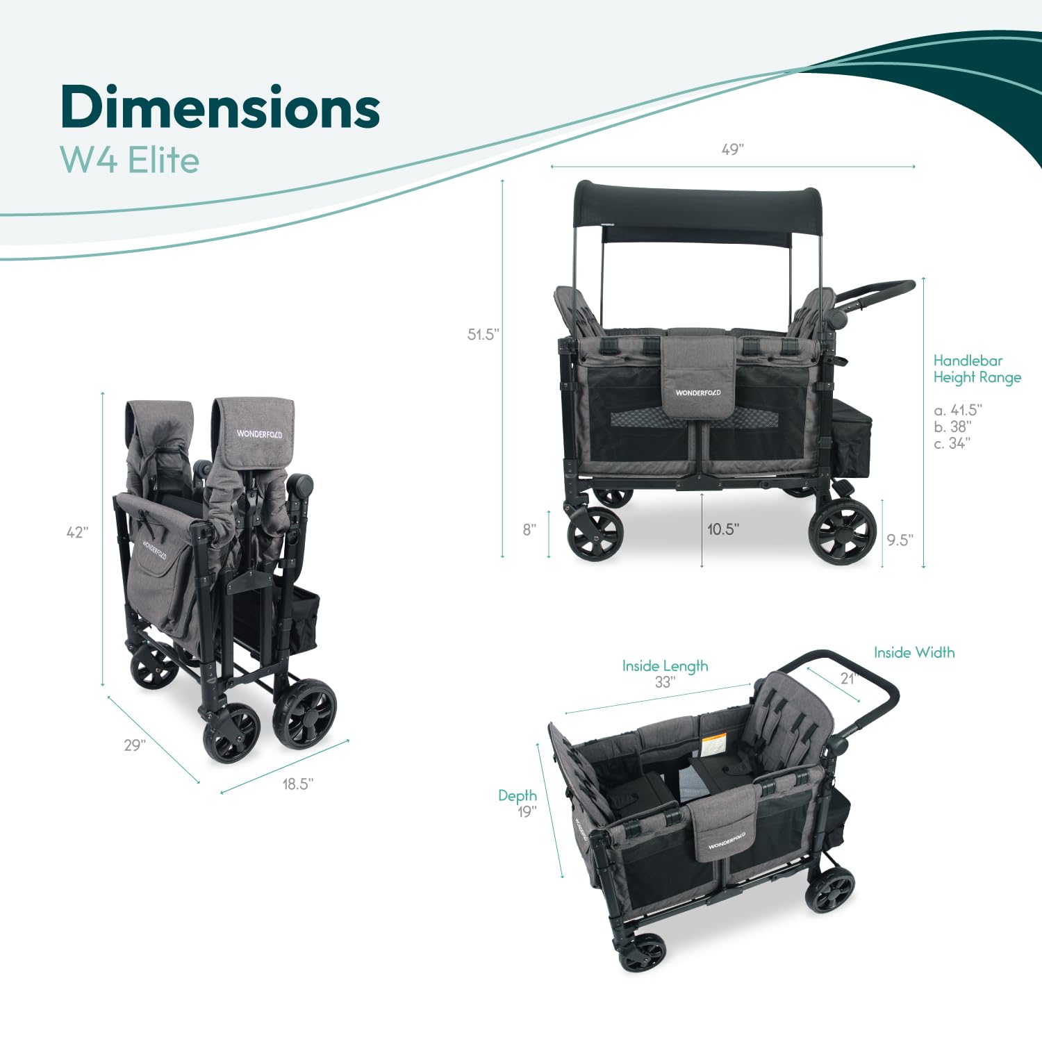 Gray 4-seat foldable stroller wagon with steel frame and all-terrain wheels โ view 4