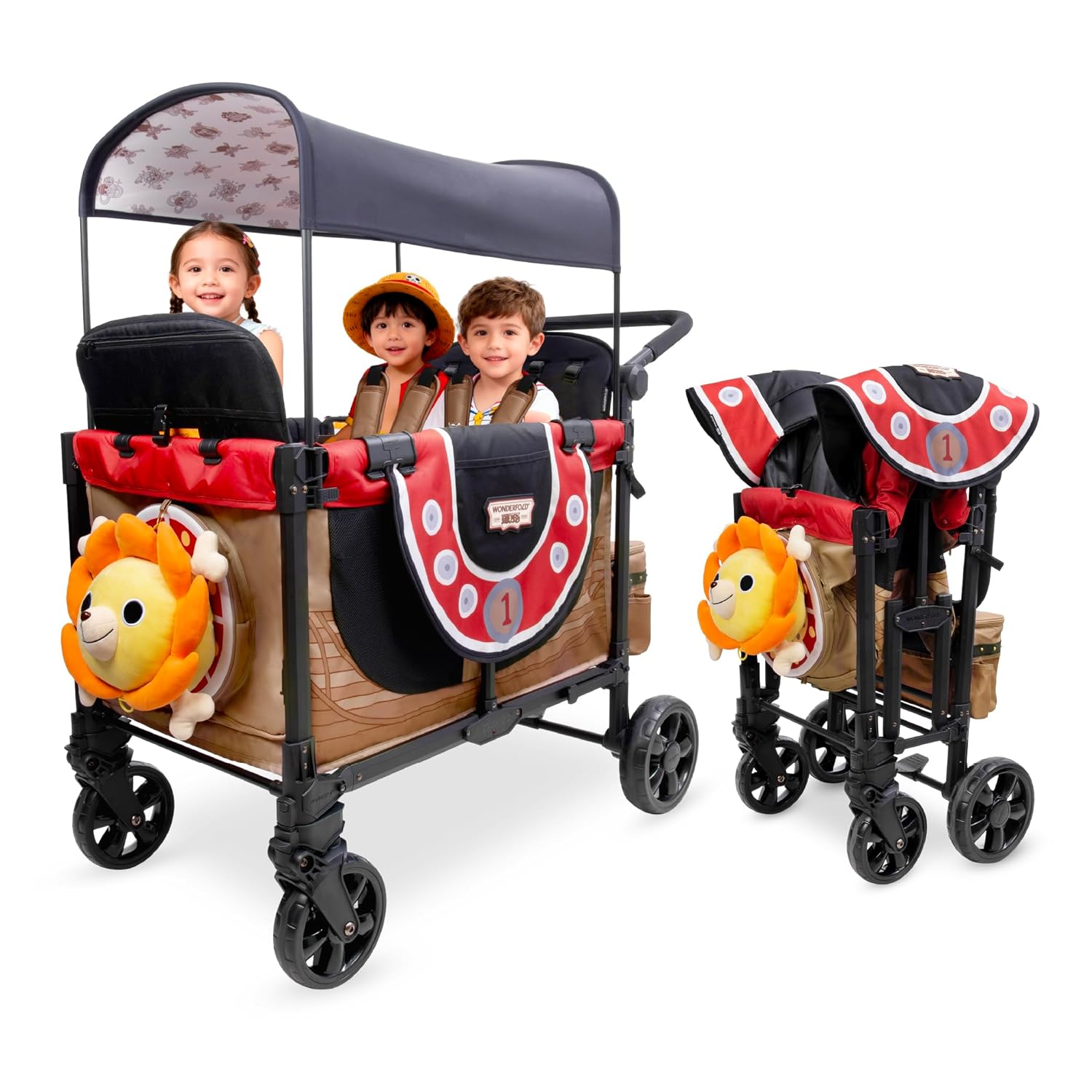 Gray 4-seat foldable stroller wagon with steel frame and all-terrain wheels โ view 5
