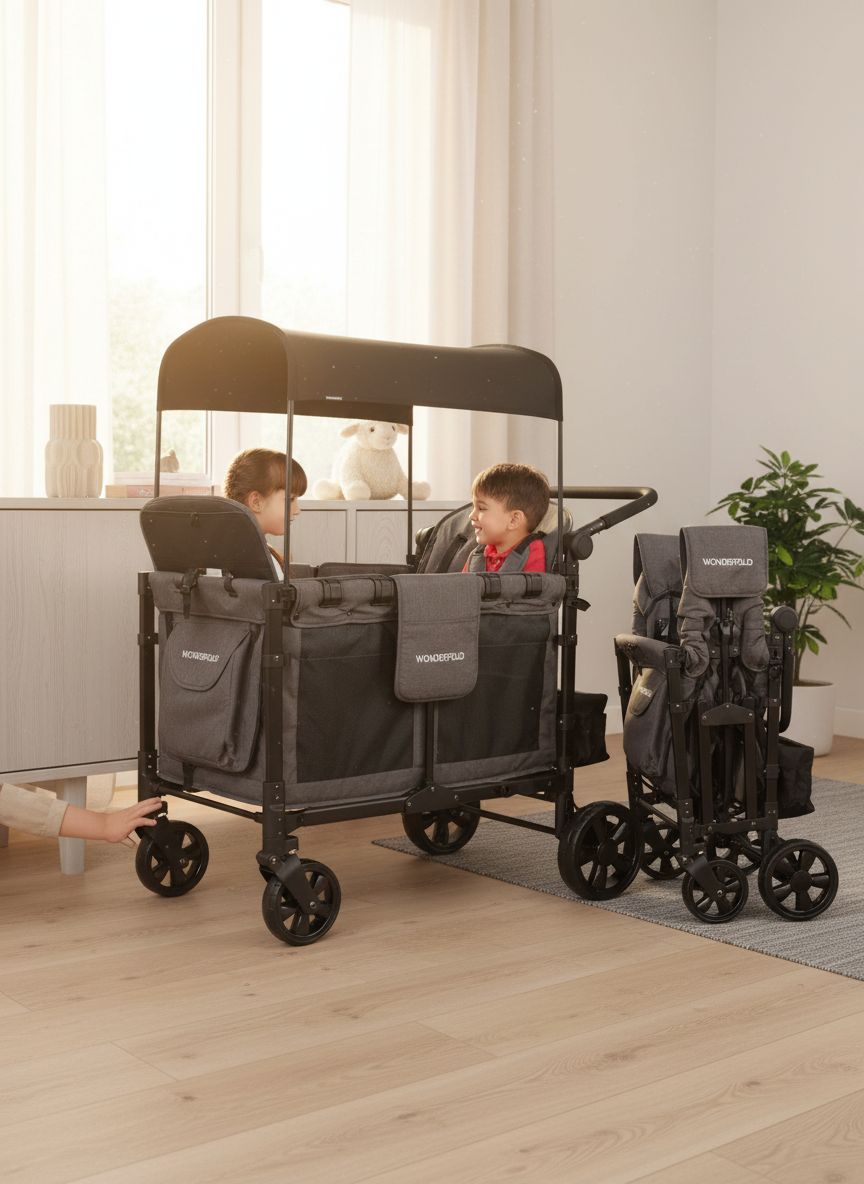 Gray 4-seat foldable stroller wagon with steel frame and all-terrain wheels — view 3