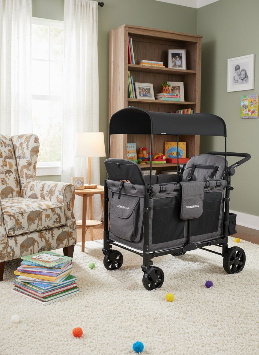 Gray 4-seat foldable stroller wagon with steel frame and all-terrain wheels — view 2