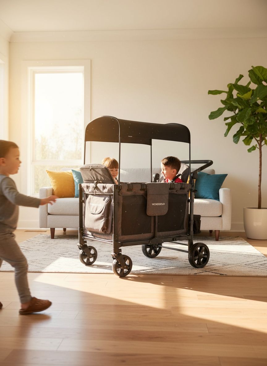 Gray 4-seat foldable stroller wagon with steel frame and all-terrain wheels — view 3a