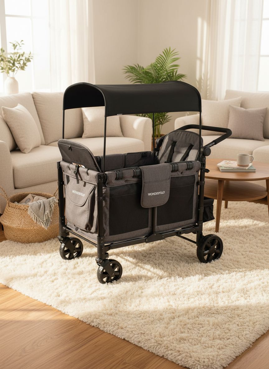 Gray 4-seat foldable stroller wagon with steel frame and all-terrain wheels — view 4