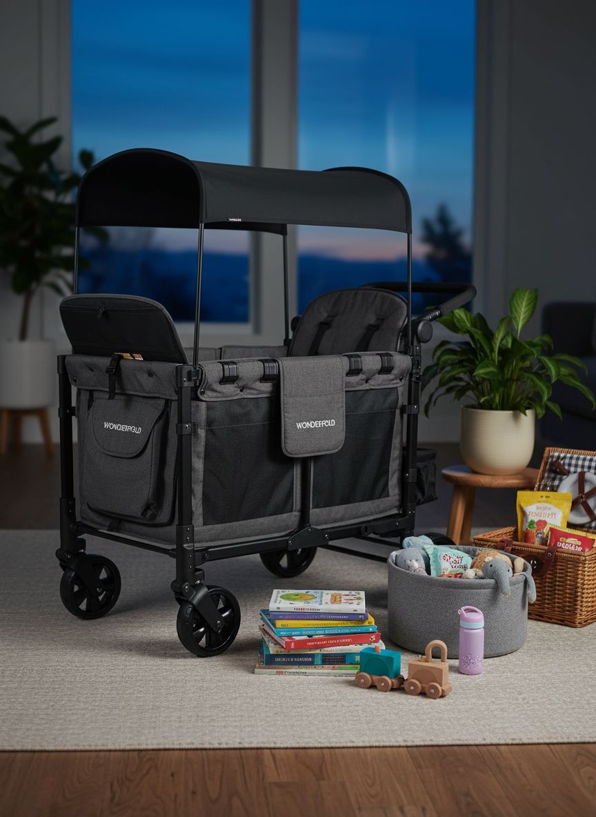 Gray 4-seat foldable stroller wagon with steel frame and all-terrain wheels — view 5a