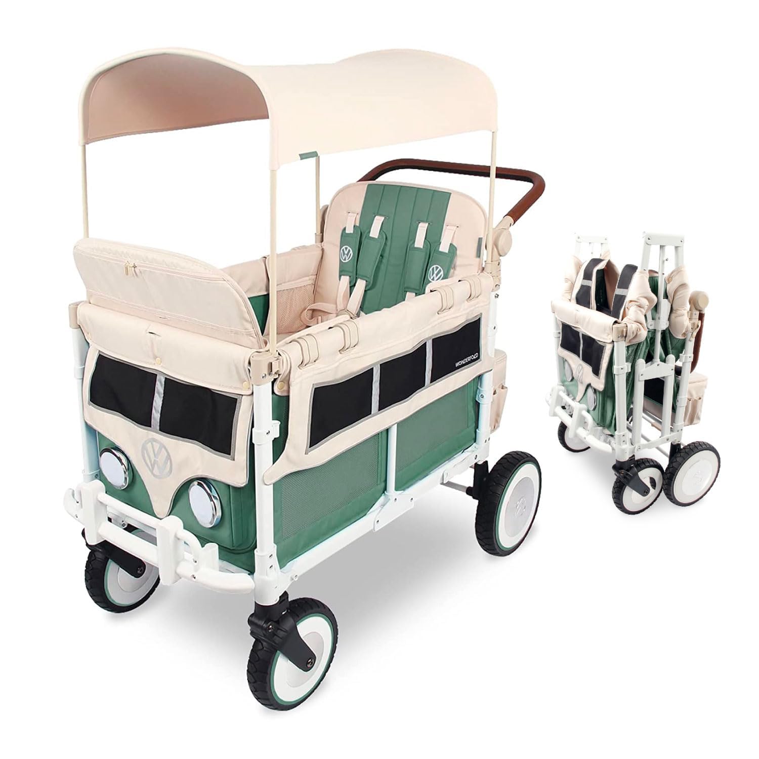 Sage green collapsible stroller wagon with steel frame and XL all-terrain wheels, showing adjustable canopy and push handle — view 1