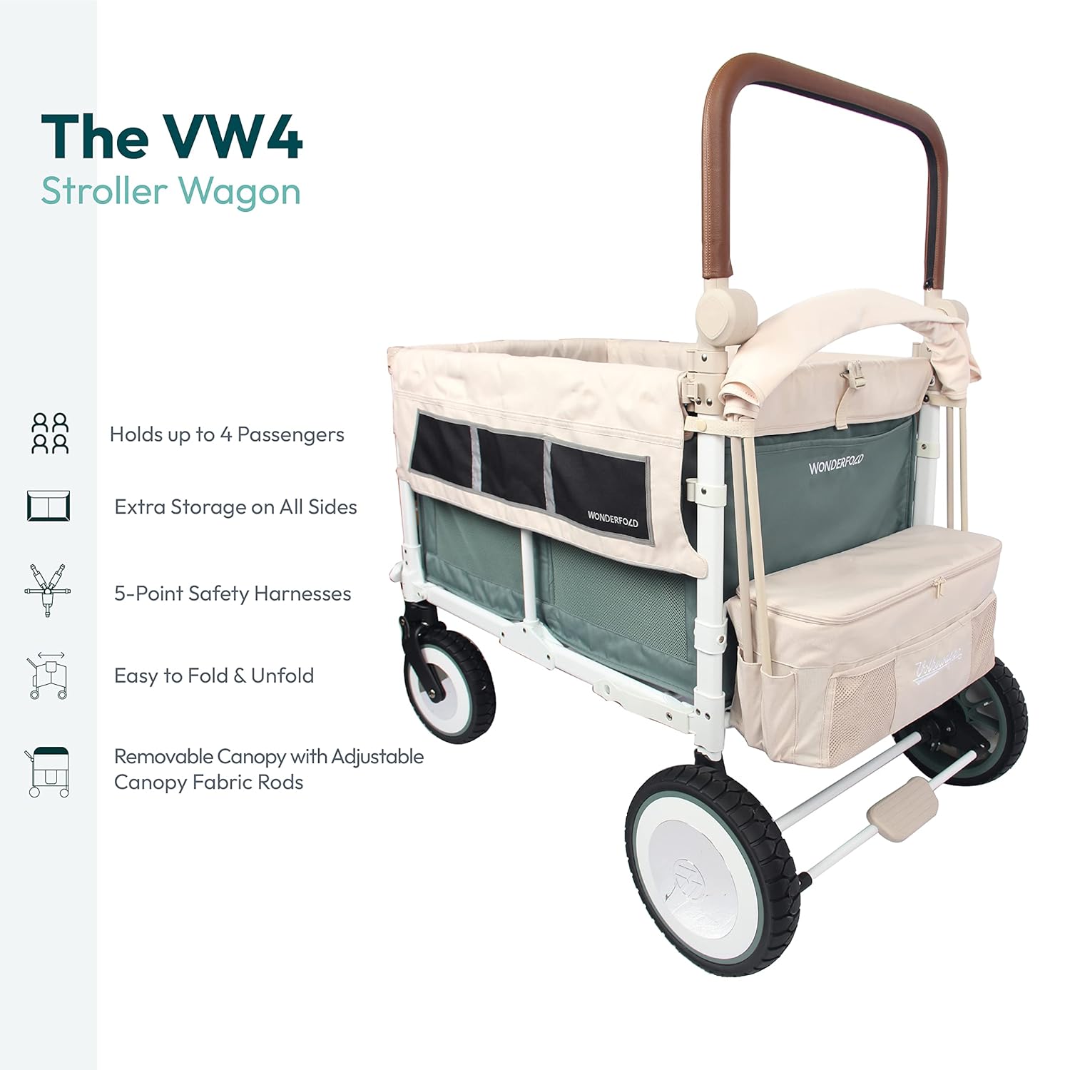 Sage green collapsible stroller wagon with steel frame and XL all-terrain wheels, showing adjustable canopy and push handle — view 2
