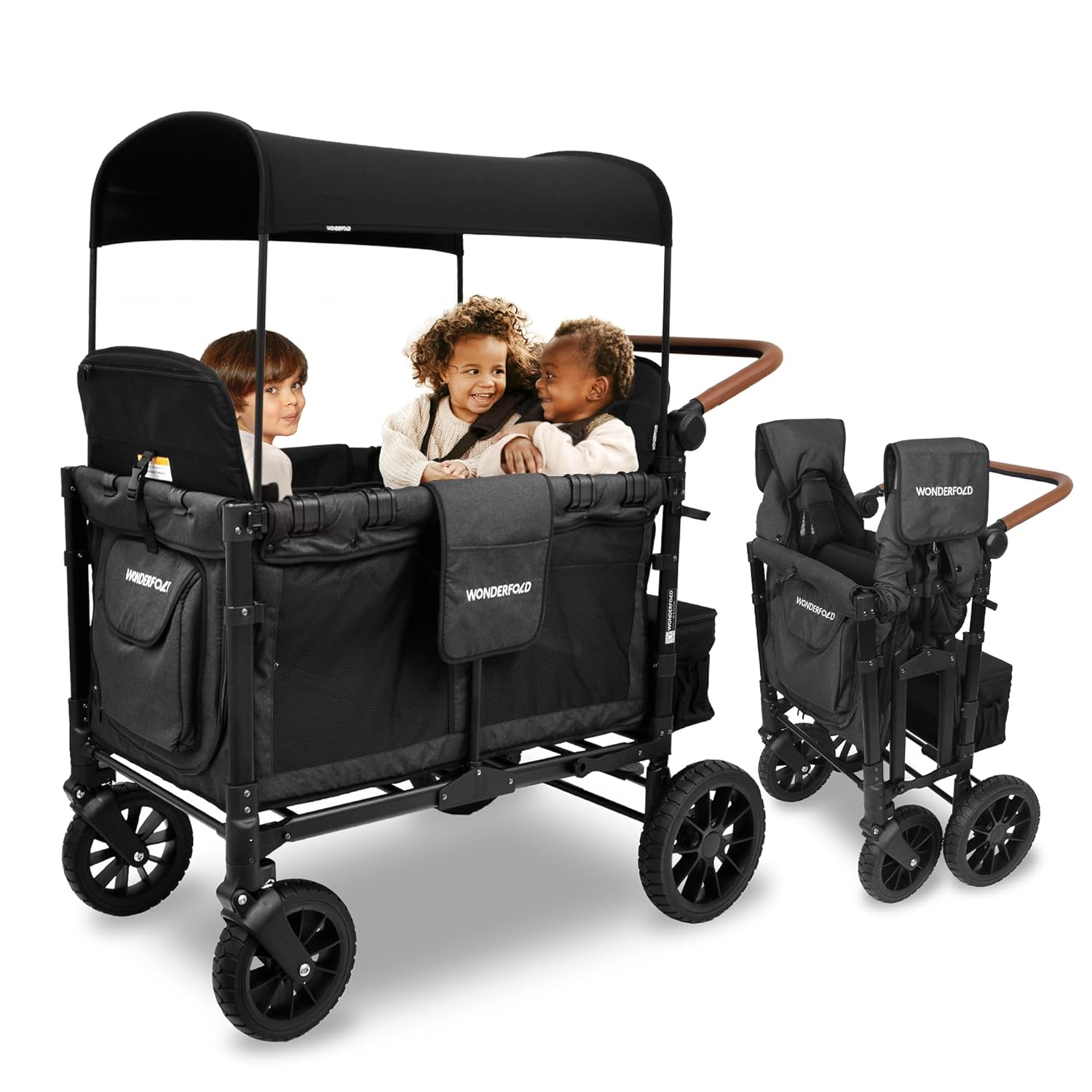 Sage green collapsible stroller wagon with steel frame and XL all-terrain wheels, showing adjustable canopy and push handle — view 3