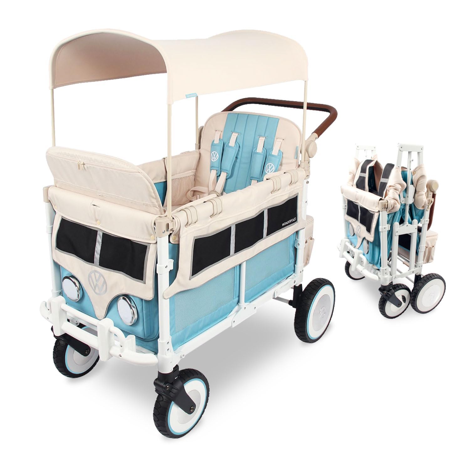 Sage green collapsible stroller wagon with steel frame and XL all-terrain wheels, showing adjustable canopy and push handle — view 4