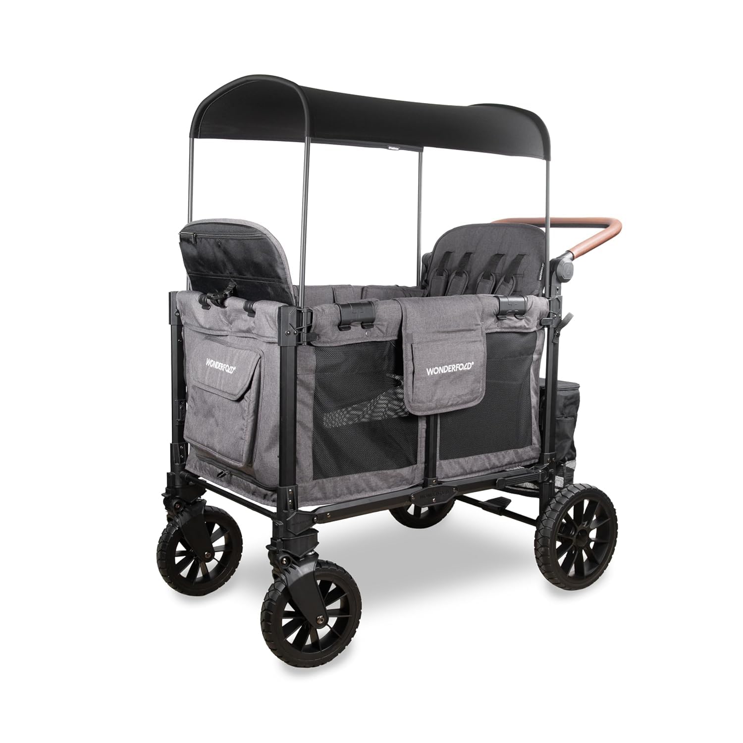 Sage green collapsible stroller wagon with steel frame and XL all-terrain wheels, showing adjustable canopy and push handle — view 2