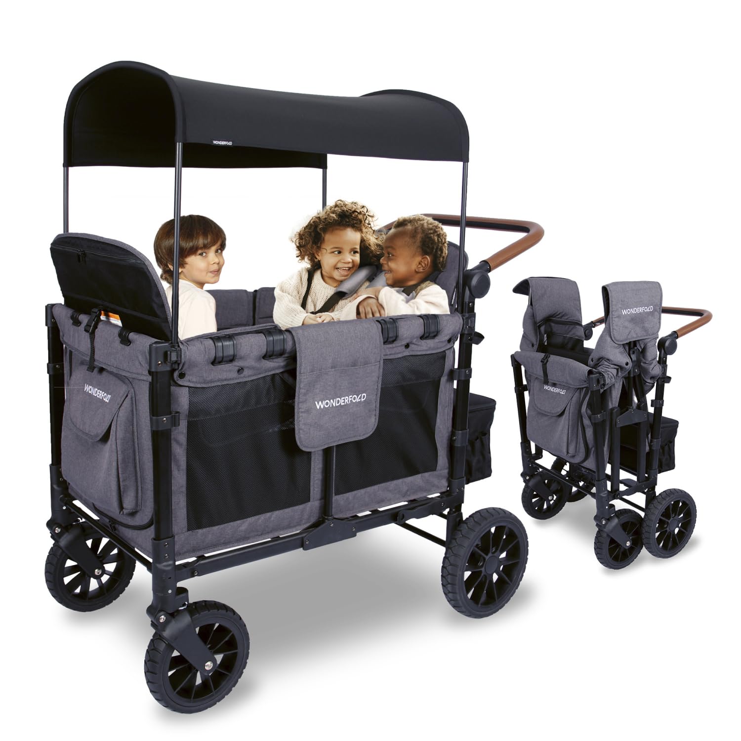 Sage green collapsible stroller wagon with steel frame and XL all-terrain wheels, showing adjustable canopy and push handle — view 3