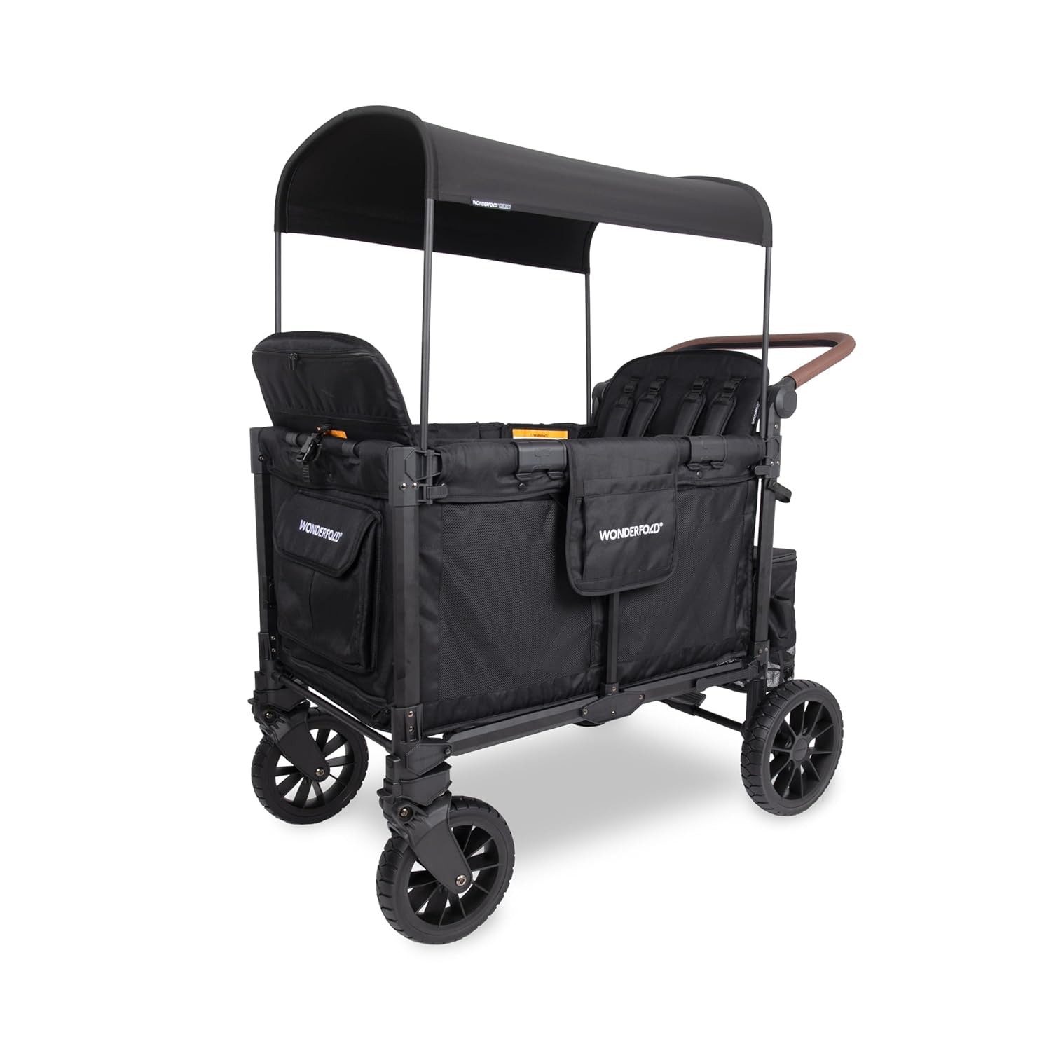 Sage green collapsible stroller wagon with steel frame and XL all-terrain wheels, showing adjustable canopy and push handle — view 4