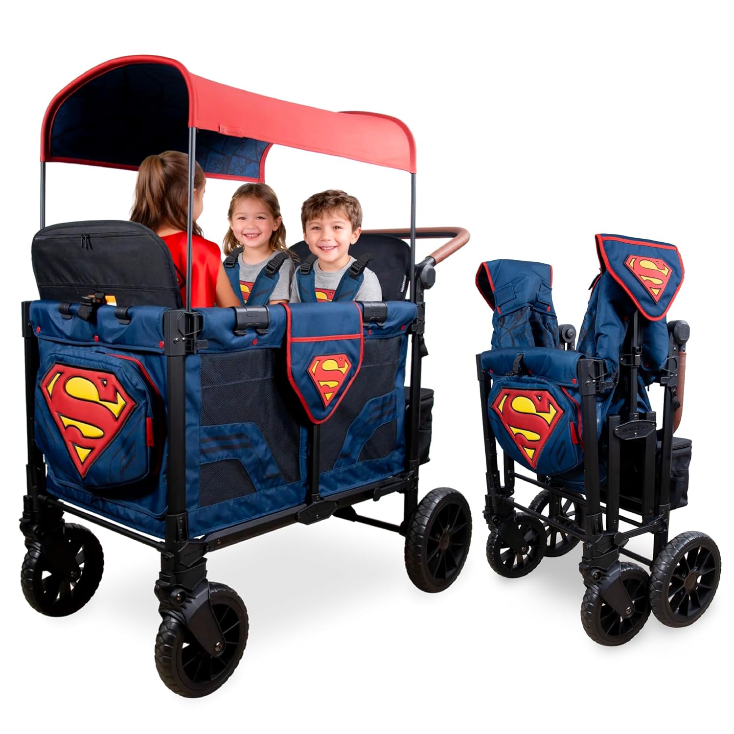 Sage green collapsible stroller wagon with steel frame and XL all-terrain wheels, showing adjustable canopy and push handle — view 5