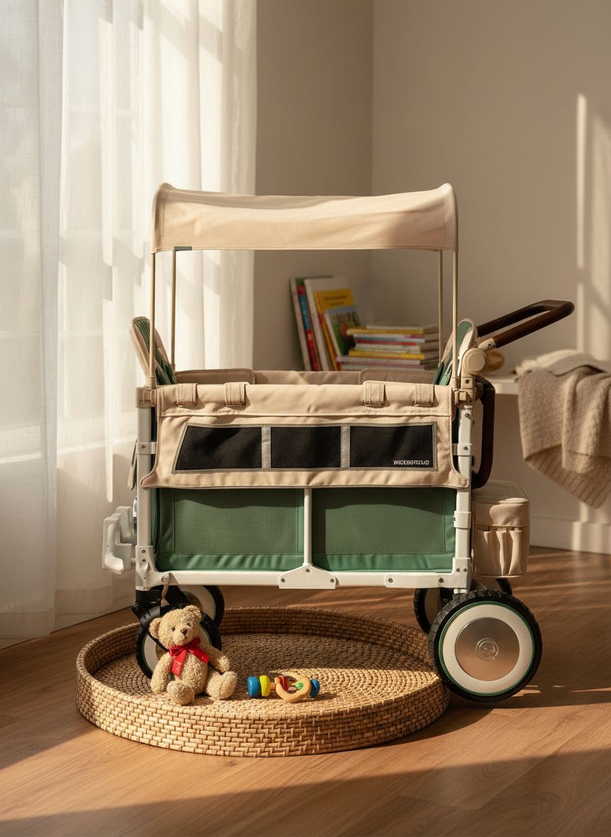 Sage green collapsible stroller wagon with steel frame and XL all-terrain wheels, showing adjustable canopy and push handle — view 3