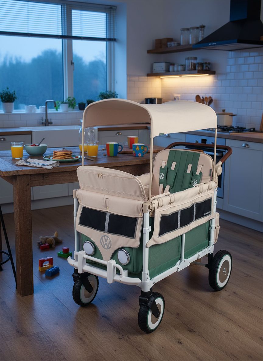 Sage green collapsible stroller wagon with steel frame and XL all-terrain wheels, showing adjustable canopy and push handle — view 2