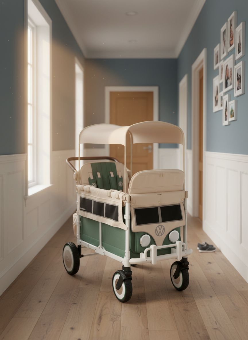 Sage green collapsible stroller wagon with steel frame and XL all-terrain wheels, showing adjustable canopy and push handle — view 3a