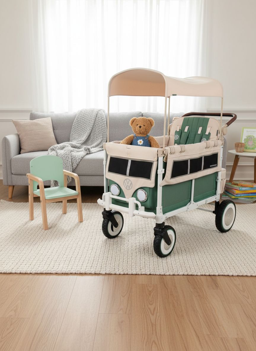 Sage green collapsible stroller wagon with steel frame and XL all-terrain wheels, showing adjustable canopy and push handle — view 4