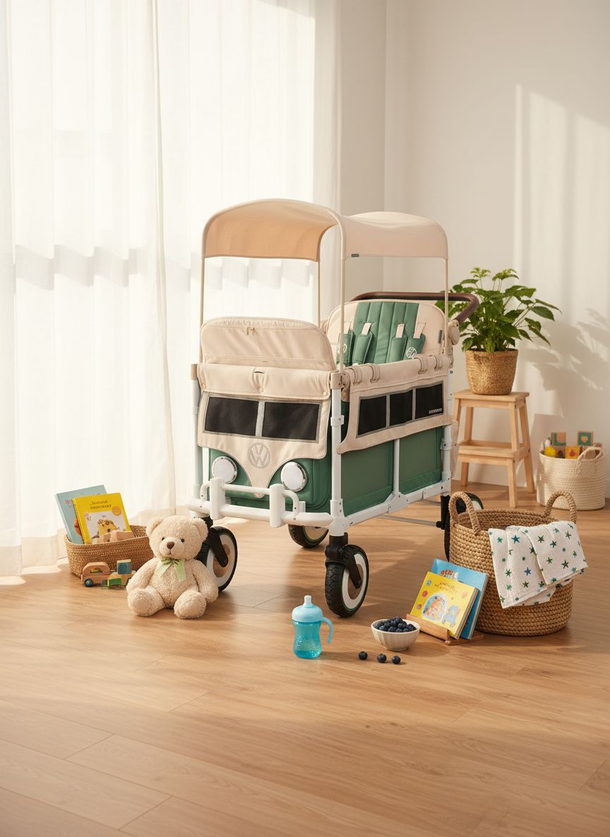 Sage green collapsible stroller wagon with steel frame and XL all-terrain wheels, showing adjustable canopy and push handle — view 5a