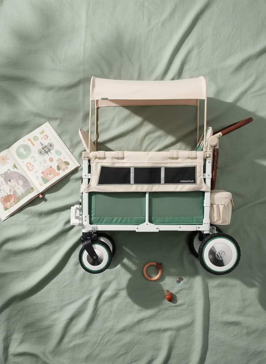 Sage green collapsible stroller wagon with steel frame and XL all-terrain wheels, showing adjustable canopy and push handle — view 7a