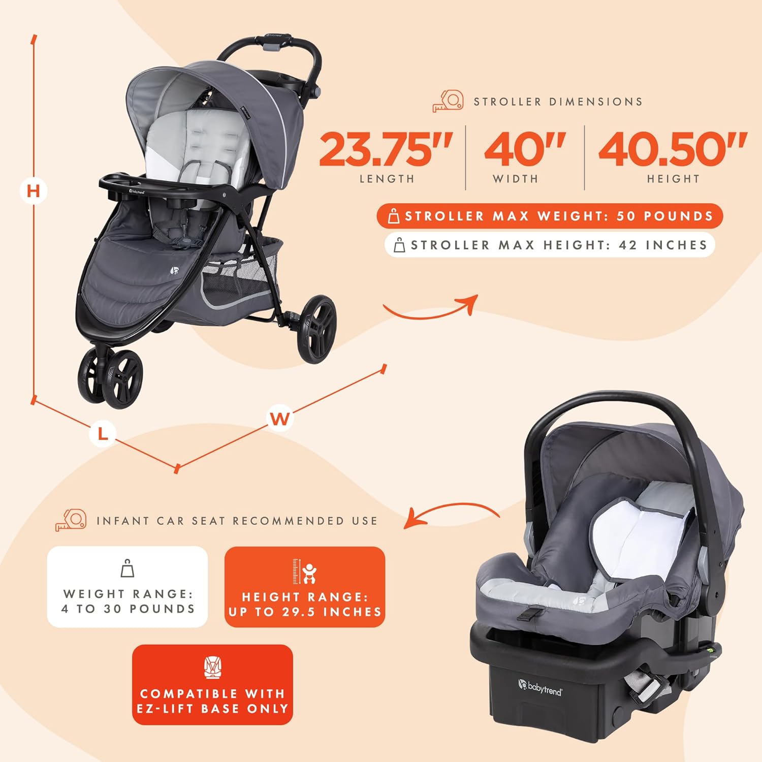 Modern grey stroller and detachable infant car seat travel system for newborns — view 3