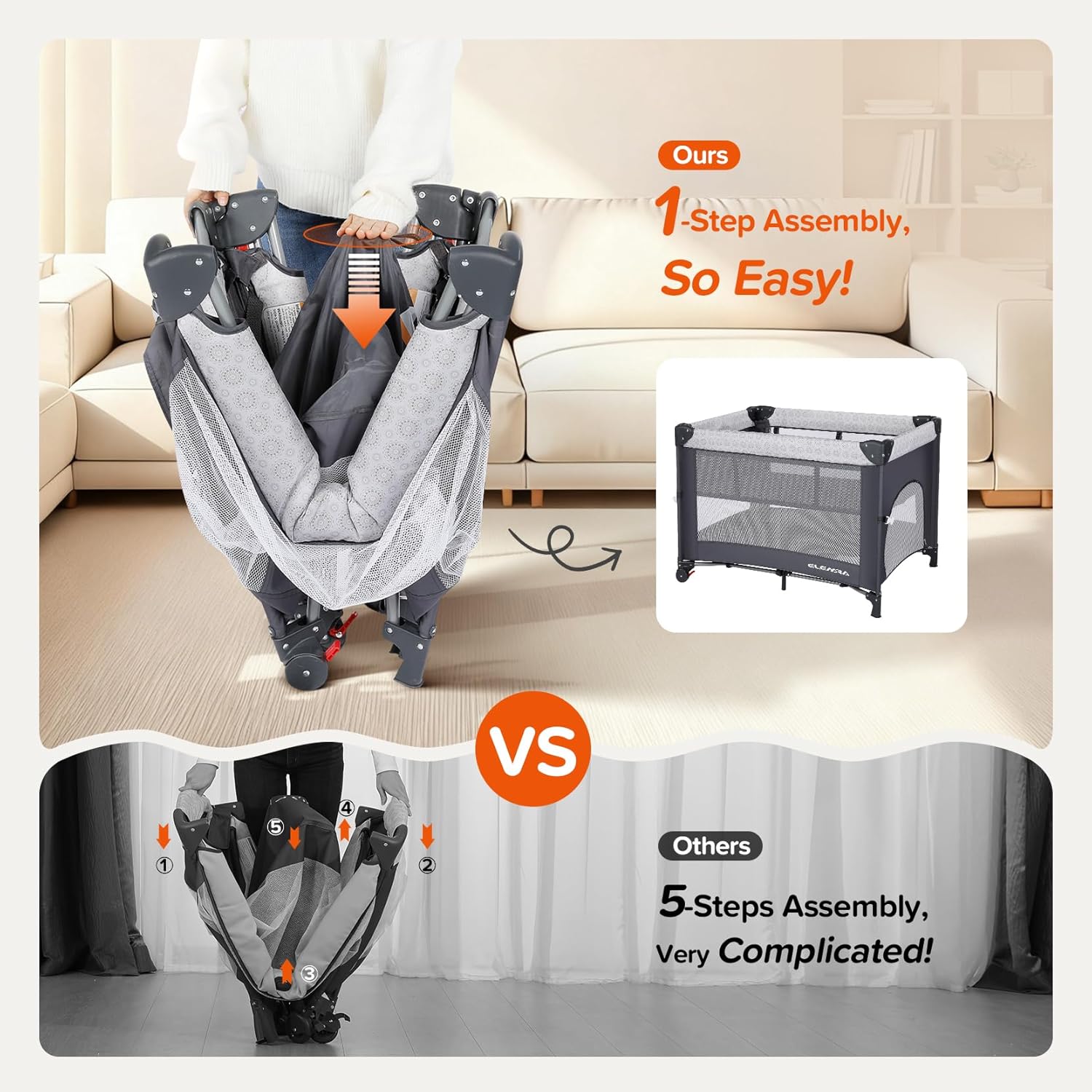 Modern gray 4-in-1 bedside bassinet with integrated diaper changing station, adjustable mattress height, and storage compartment — view 3