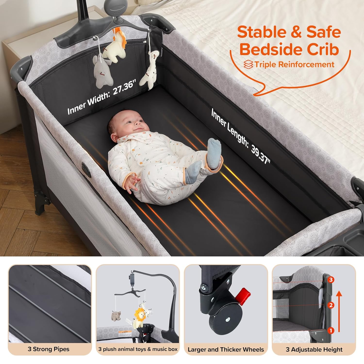 Modern gray 4-in-1 bedside bassinet with integrated diaper changing station, adjustable mattress height, and storage compartment — view 3