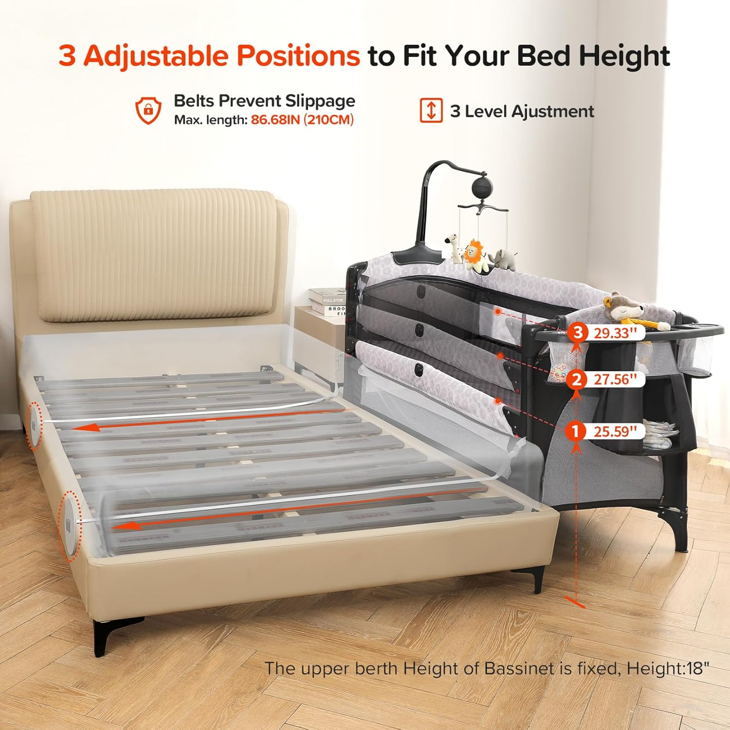 Modern gray 4-in-1 bedside bassinet with integrated diaper changing station, adjustable mattress height, and storage compartment — view 4
